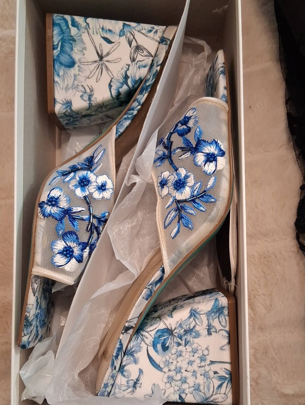 Betsey Johnson White Mesh Mules with Blue Floral Embroidery